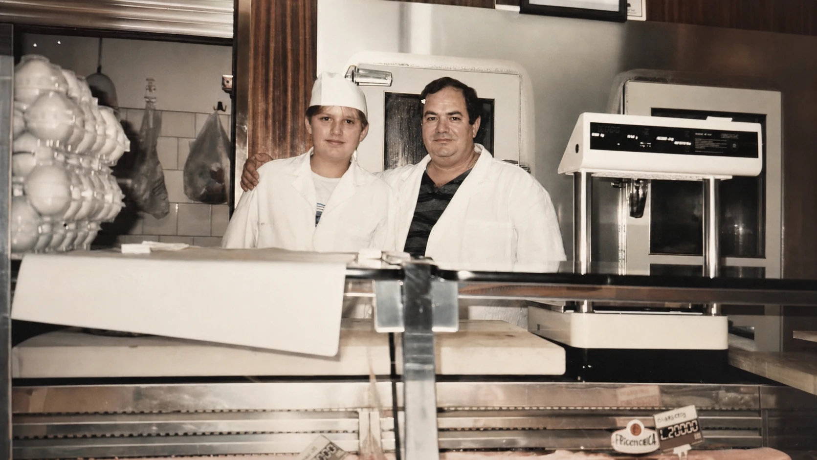 Padre e figlio dietro il banco della macelleria di famiglia