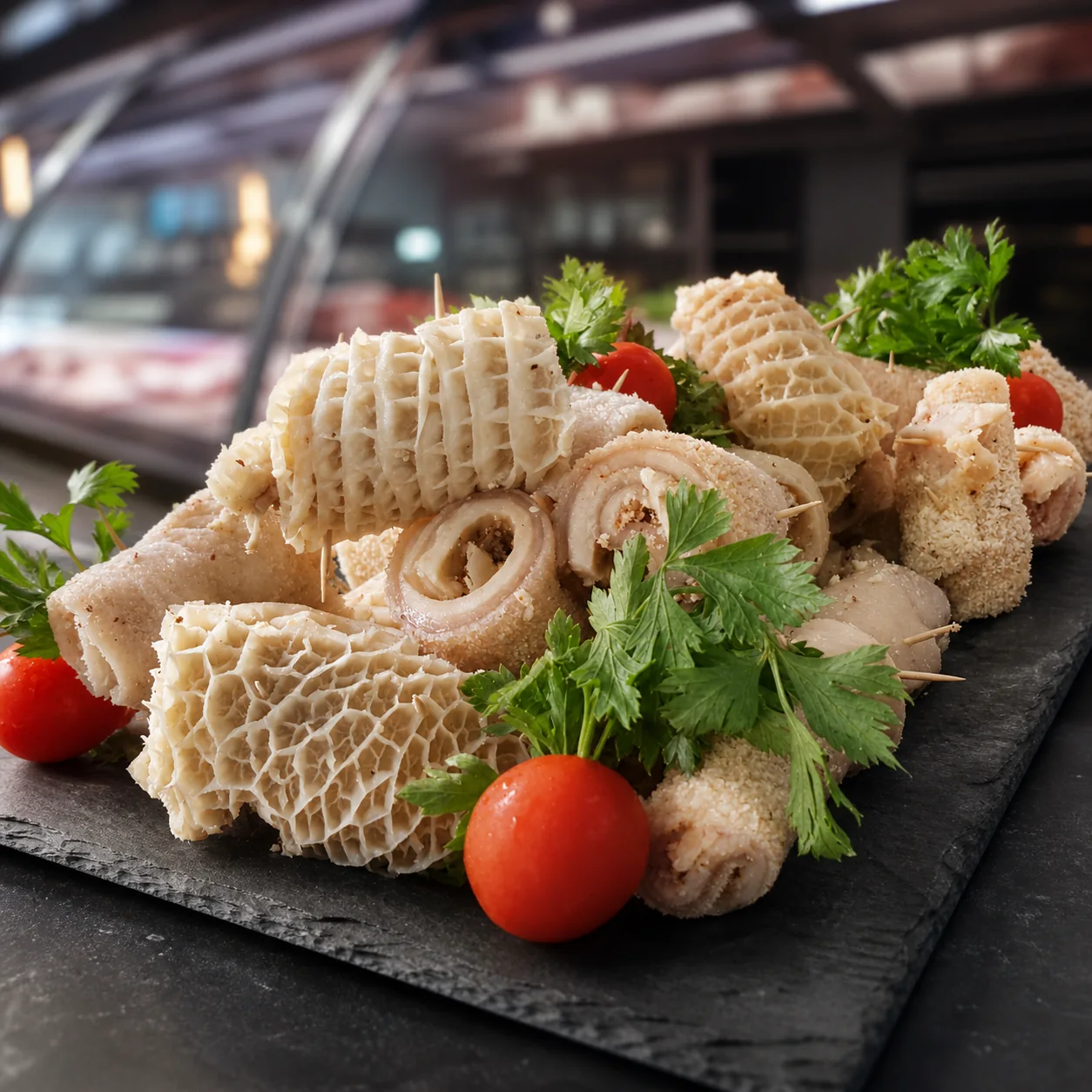 Trippa preparata con prezzemolo e pomodorini